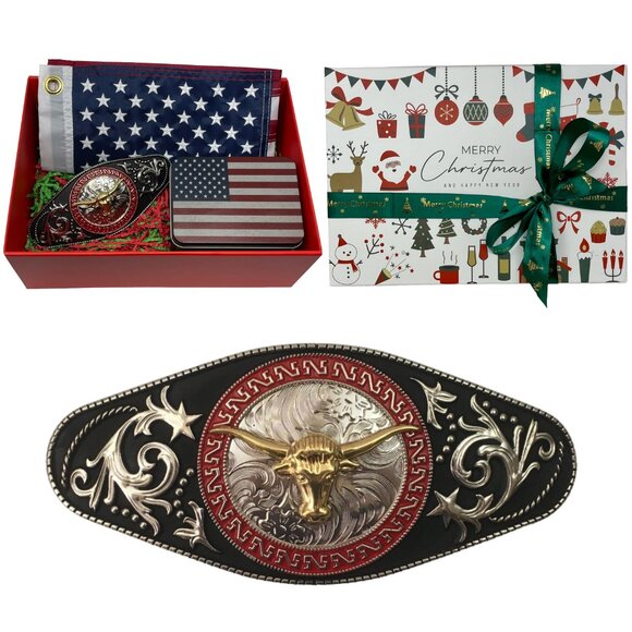Western Belt Buckle Christmas Gift Set - Small American Flags - Patriotic Gifts - Picture 1 of 14